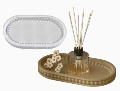 Molde de Silicona Bandeja Ovalada Grande con Borde de Perlas para Resina, Yeso y Cemento