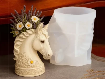 MOLDE DE SILICONA MACETA CABEZA DE CABALLO CON MARGARITAS-- Molde de Silicona para Maceta Cabeza de Caballo con Margarita para Yeso, Cemento