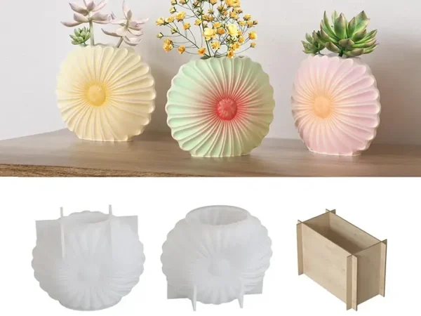 Molde de Silicona Florero Margarita con Contención de Madera para Yeso, Cemento y Resina