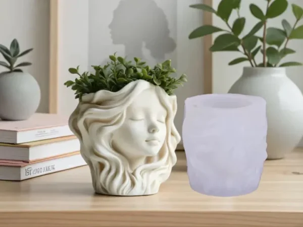 Molde de Silicona Maceta Cabeza de Mujer Cara Serena para Yeso, Cemento y Resina
