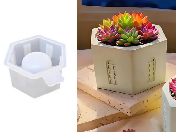 Molde de Silicona Maceta Hexagonal con Ventanitas para Yeso, Cemento y Resina